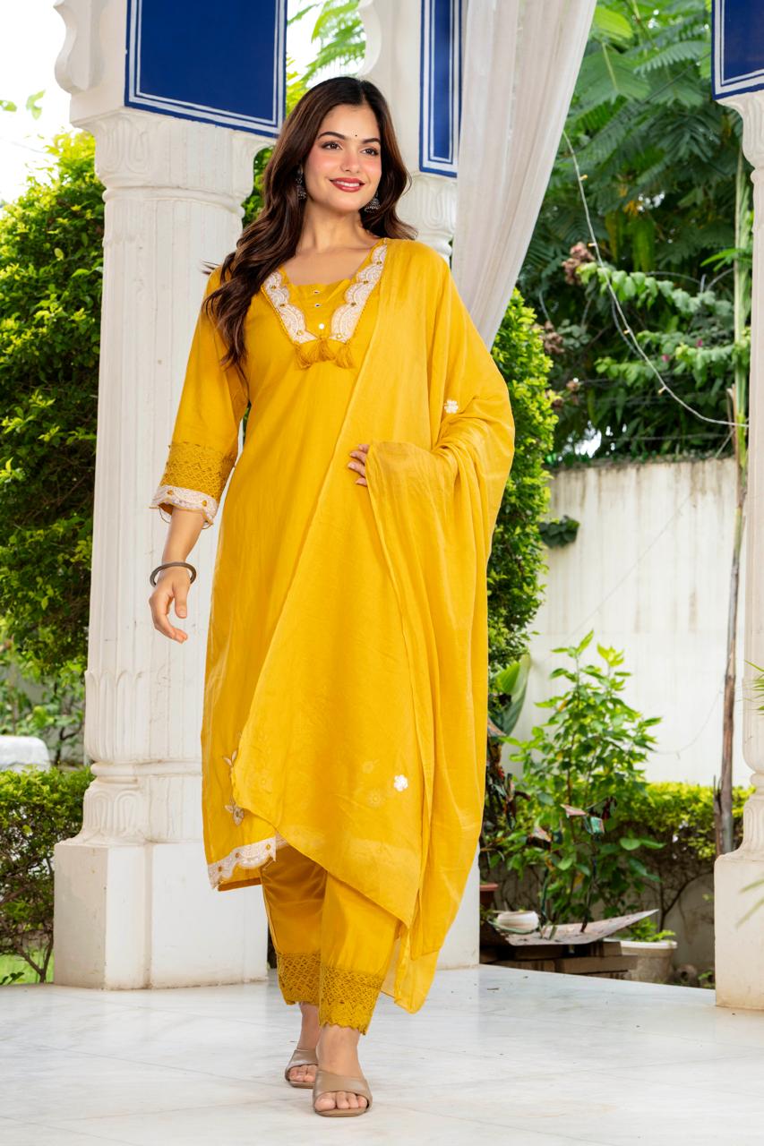 Aarohi Mustard Yellow Embroidered 3-Piece Kurta Set