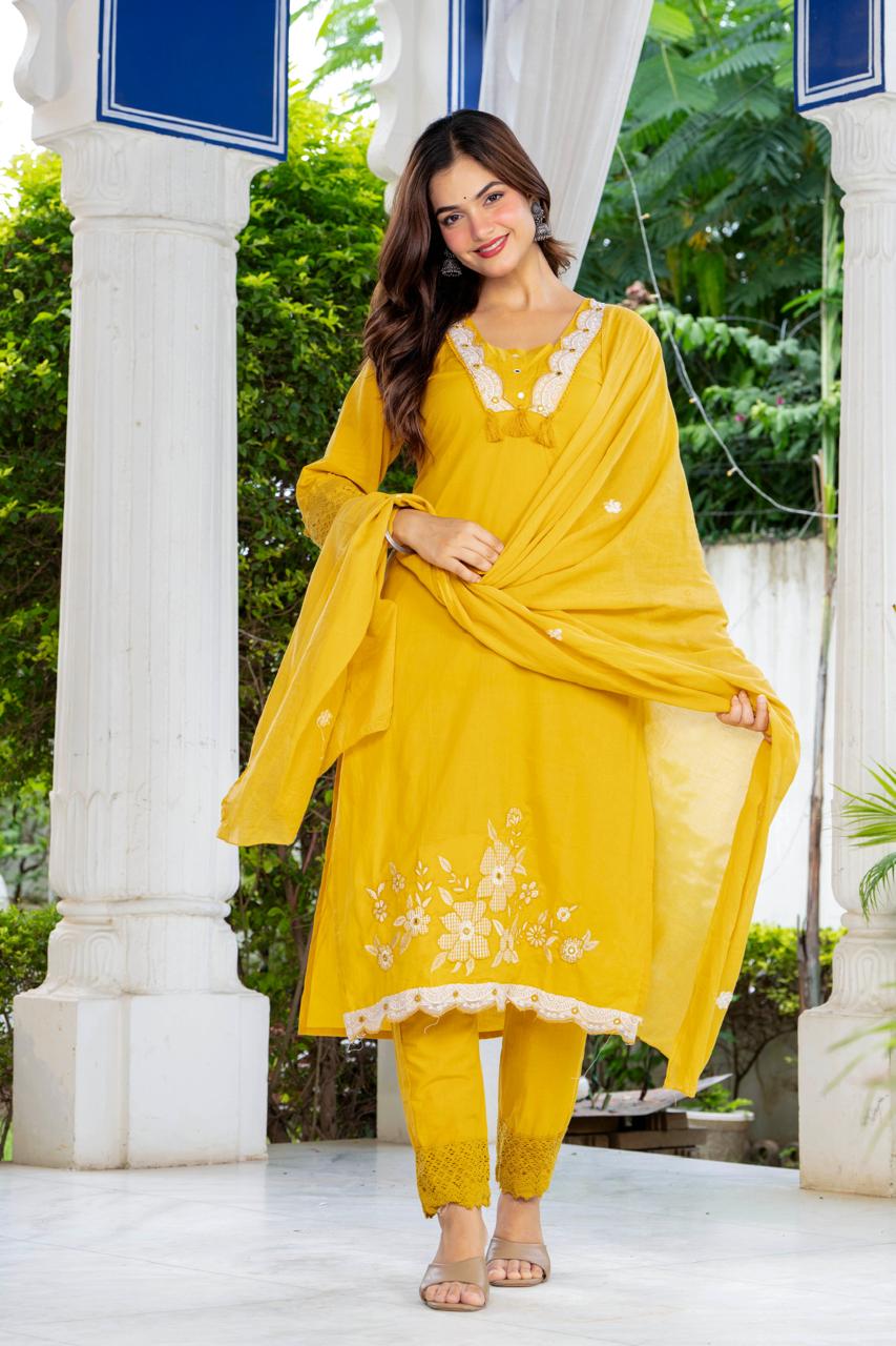 Aarohi Mustard Yellow Embroidered 3-Piece Kurta Set