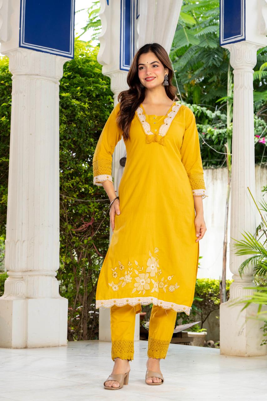 Aarohi Mustard Yellow Embroidered 3-Piece Kurta Set