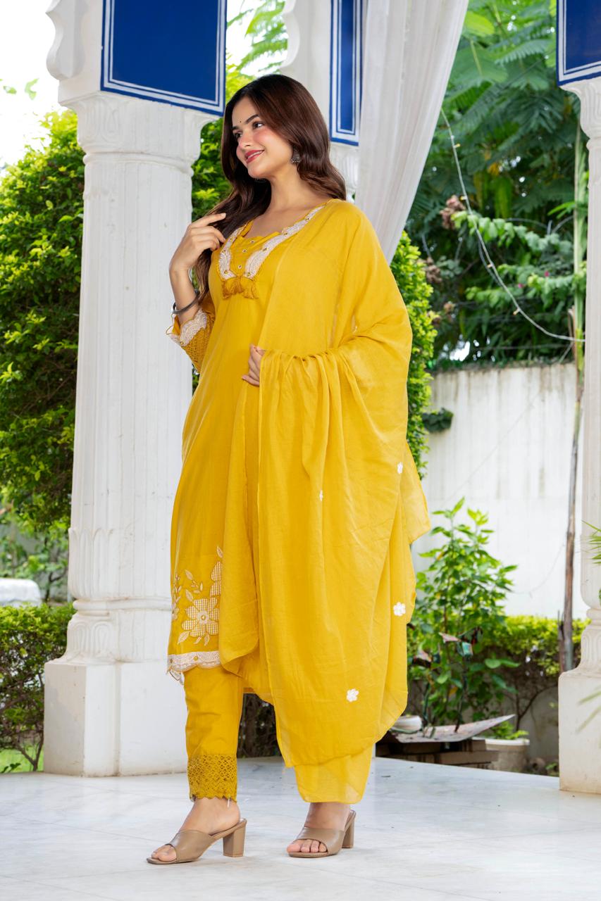 Aarohi Mustard Yellow Embroidered 3-Piece Kurta Set