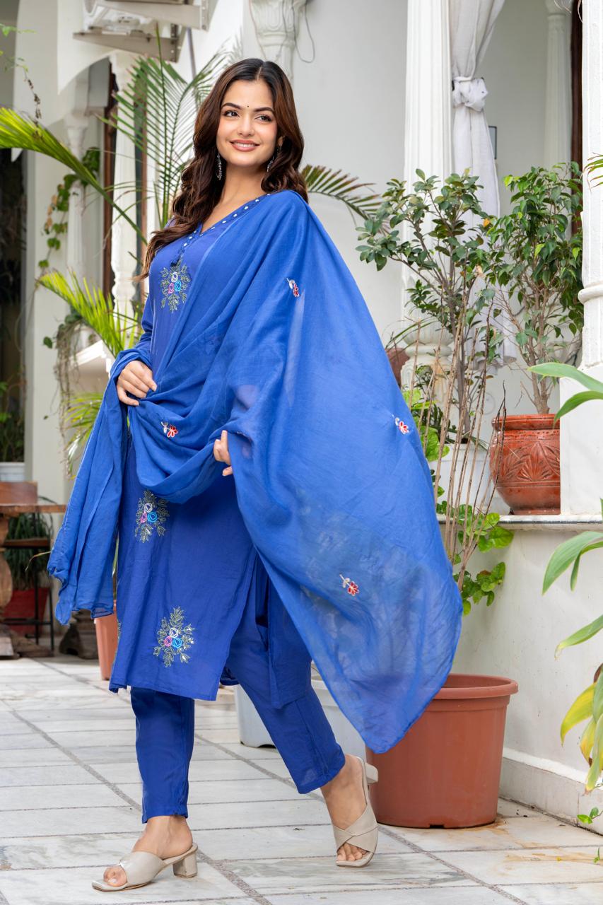 Neelam Royal Blue Embroidered 3-Piece Kurta Set