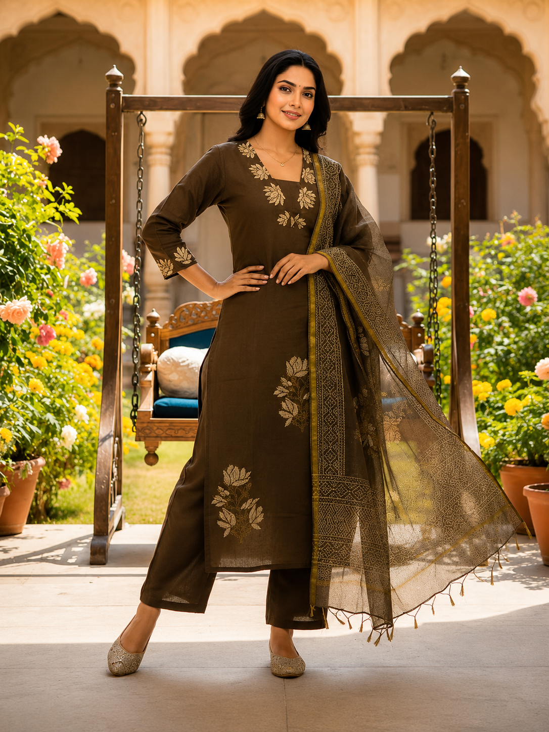 Coffee Brown Floral Print Kurta Pant Set with Printed Dupatta