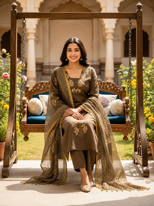 Coffee Brown Floral Print Kurta Pant Set with Printed Dupatta