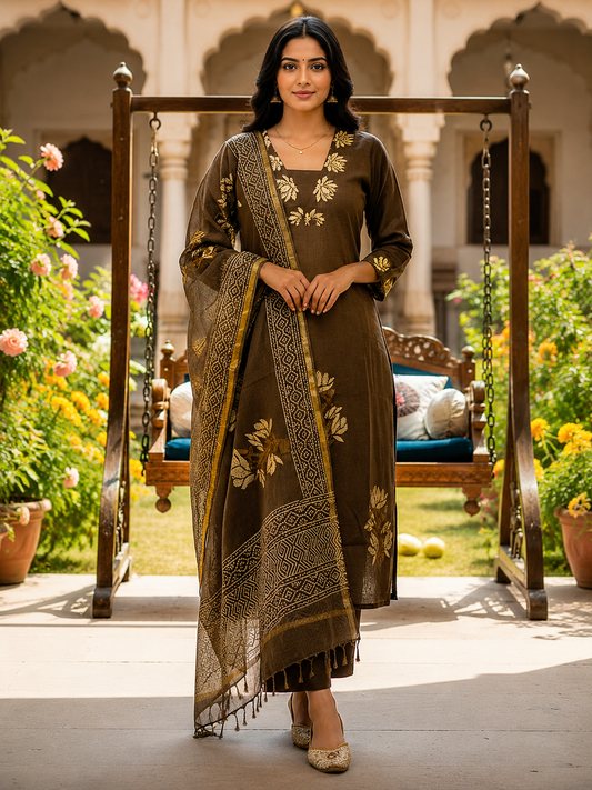 Coffee Brown Floral Print Kurta Pant Set with Printed Dupatta