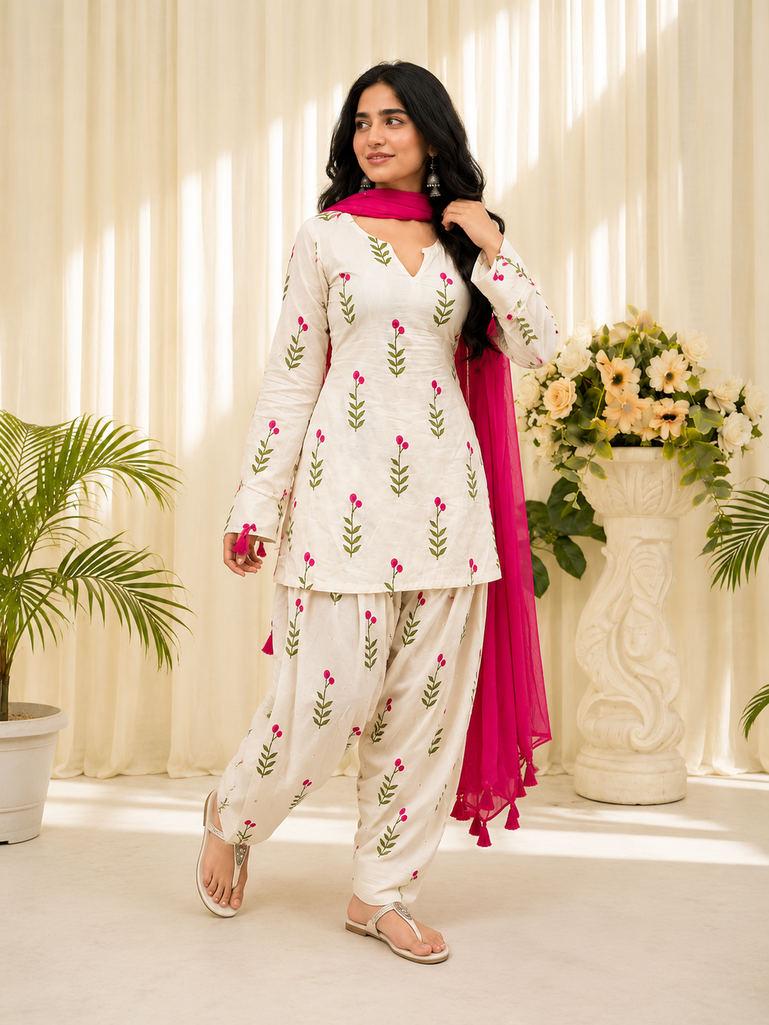 Ivory Pink Floral Printed Patiala Suit Set with Magenta Dupatta