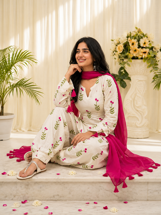 Ivory Pink Floral Printed Patiala Suit Set with Magenta Dupatta