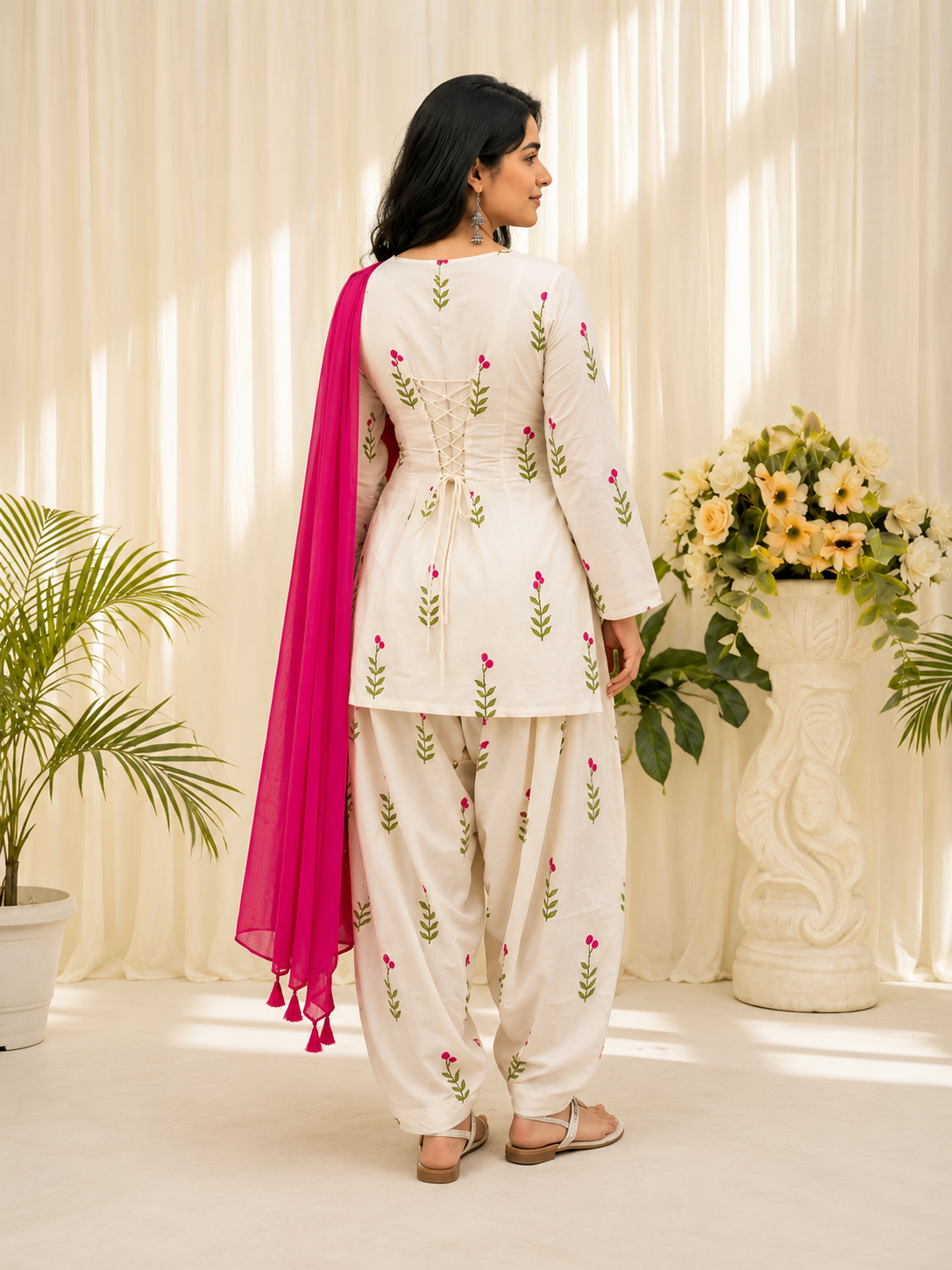Ivory Pink Floral Printed Patiala Suit Set with Magenta Dupatta