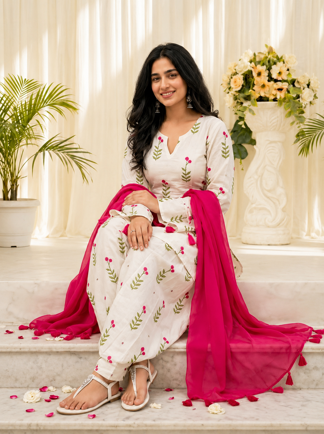 Ivory Pink Floral Printed Patiala Suit Set with Magenta Dupatta