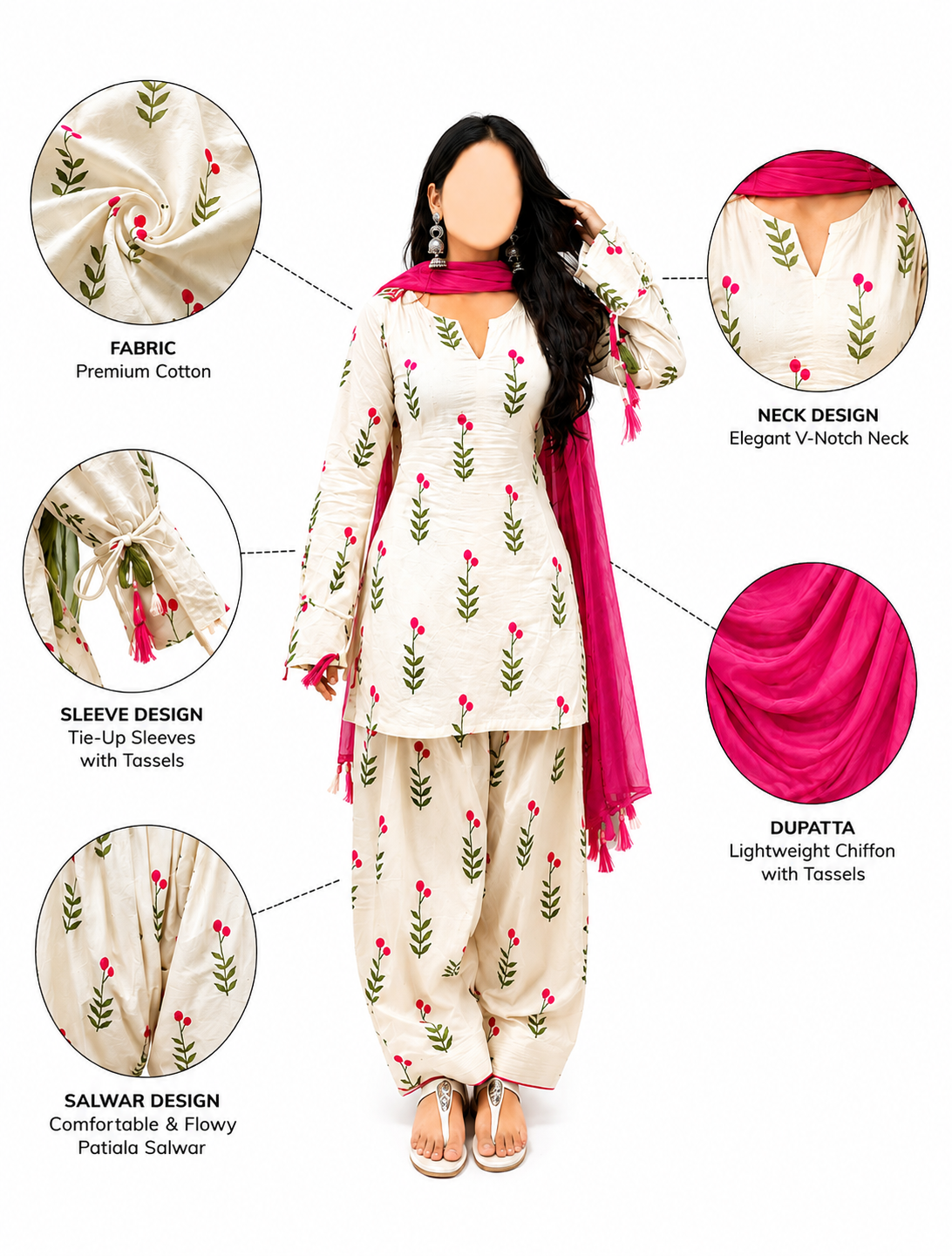 Ivory Pink Floral Printed Patiala Suit Set with Magenta Dupatta