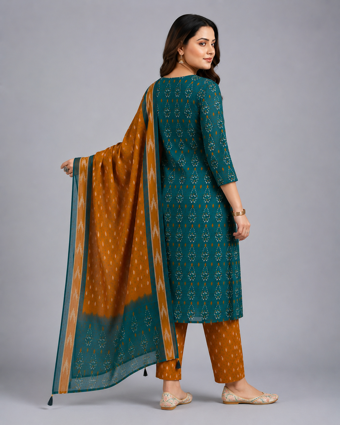 Teal Blue & Mustard Printed Kurta Pant Set with Dupatta