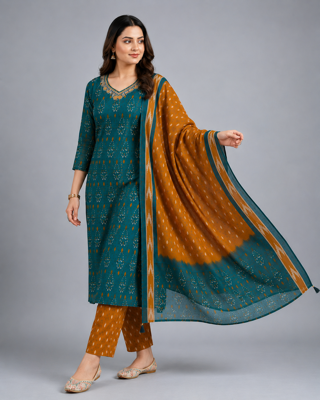 Teal Blue & Mustard Printed Kurta Pant Set with Dupatta