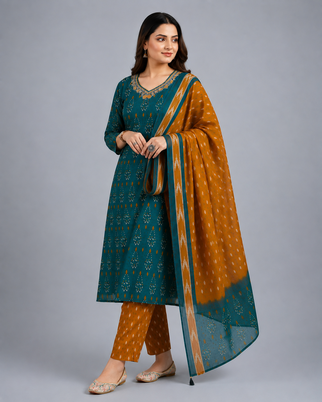 Teal Blue & Mustard Printed Kurta Pant Set with Dupatta