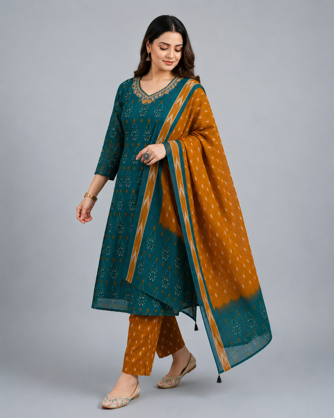 Teal Blue & Mustard Printed Kurta Pant Set with Dupatta