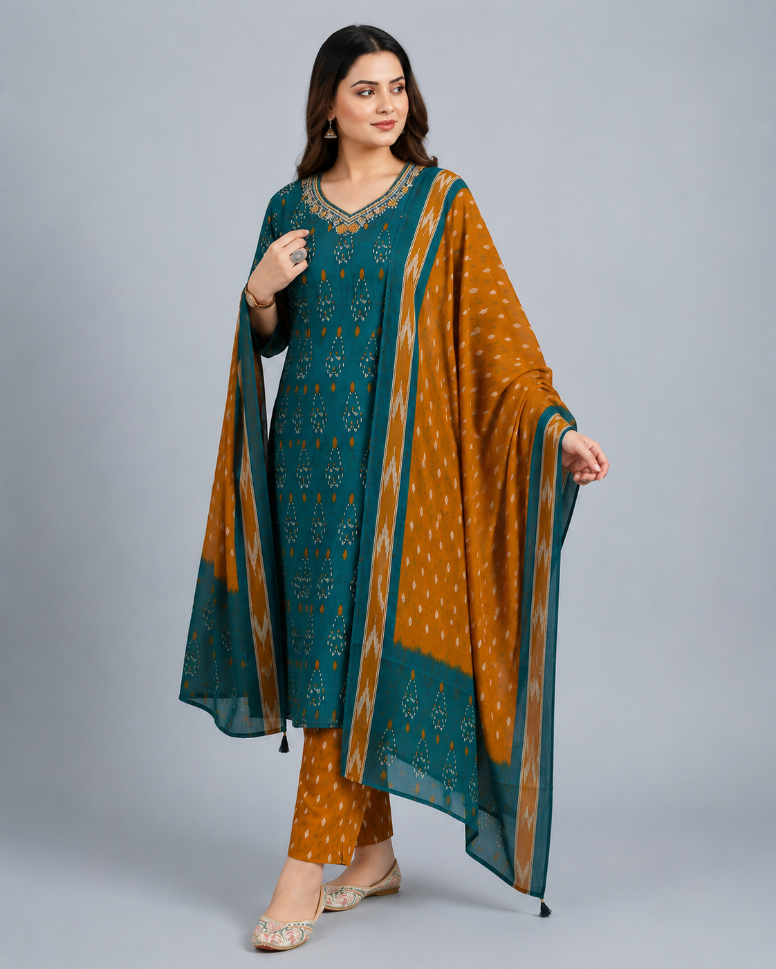 Teal Blue & Mustard Printed Kurta Pant Set with Dupatta