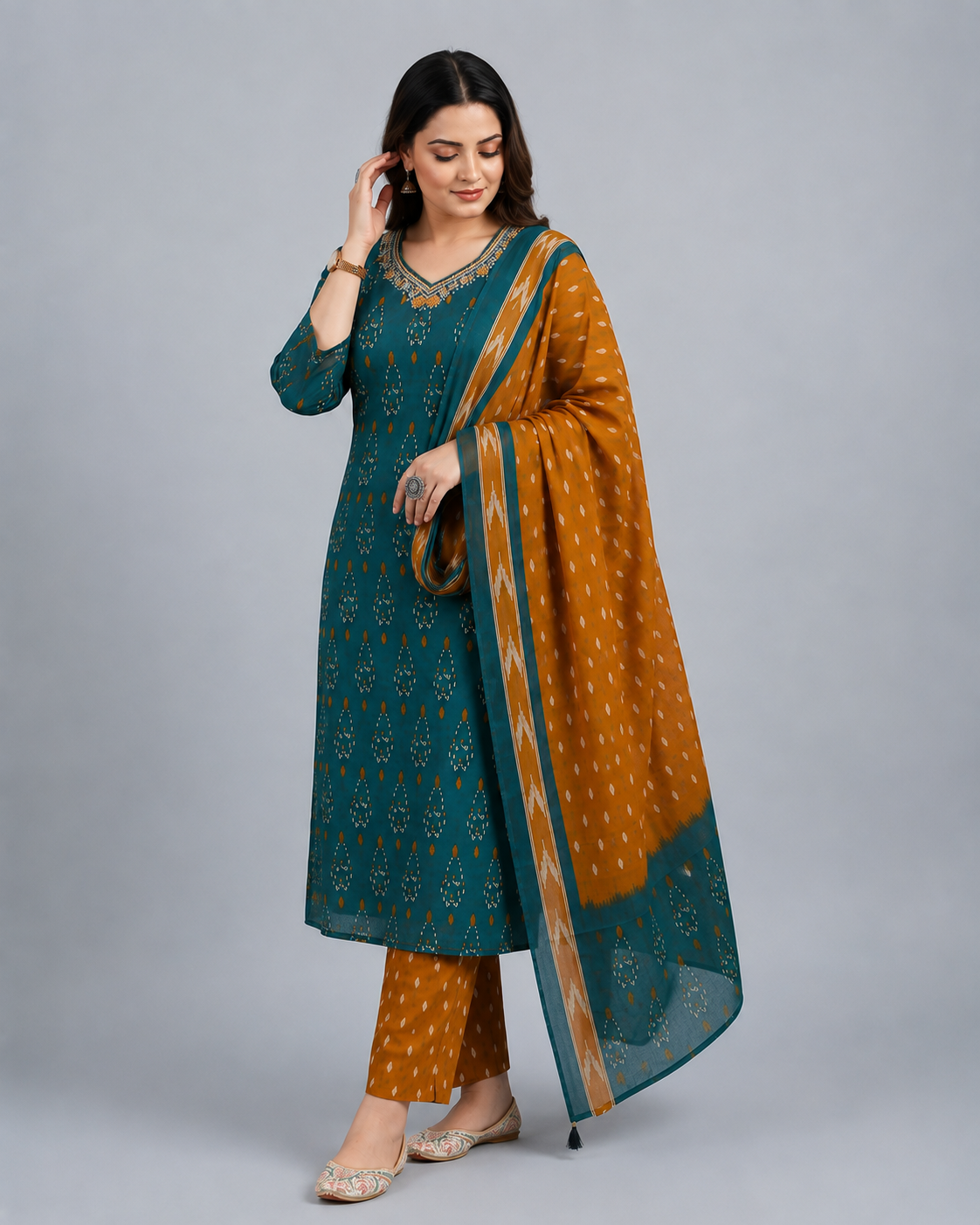 Teal Blue & Mustard Printed Kurta Pant Set with Dupatta