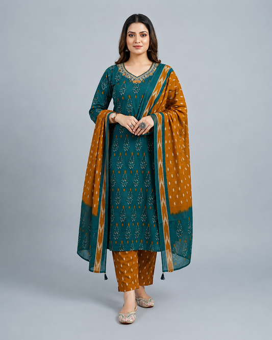 Teal Blue & Mustard Printed Kurta Pant Set with Dupatta