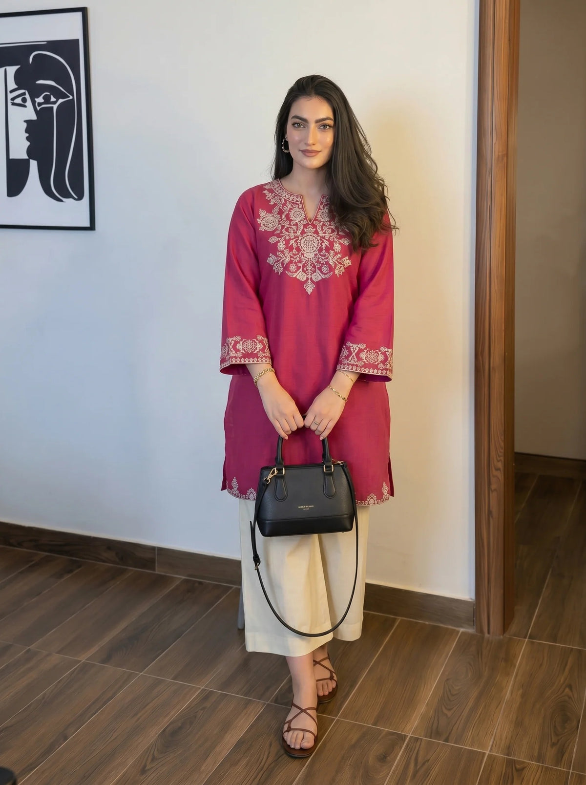 Elegant Pink Embroidered Kurti Set with Straight Pants