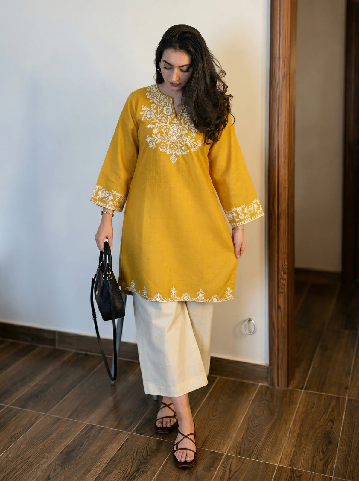 Mustard-Embroidered-Kurta-with-Straight-Pants