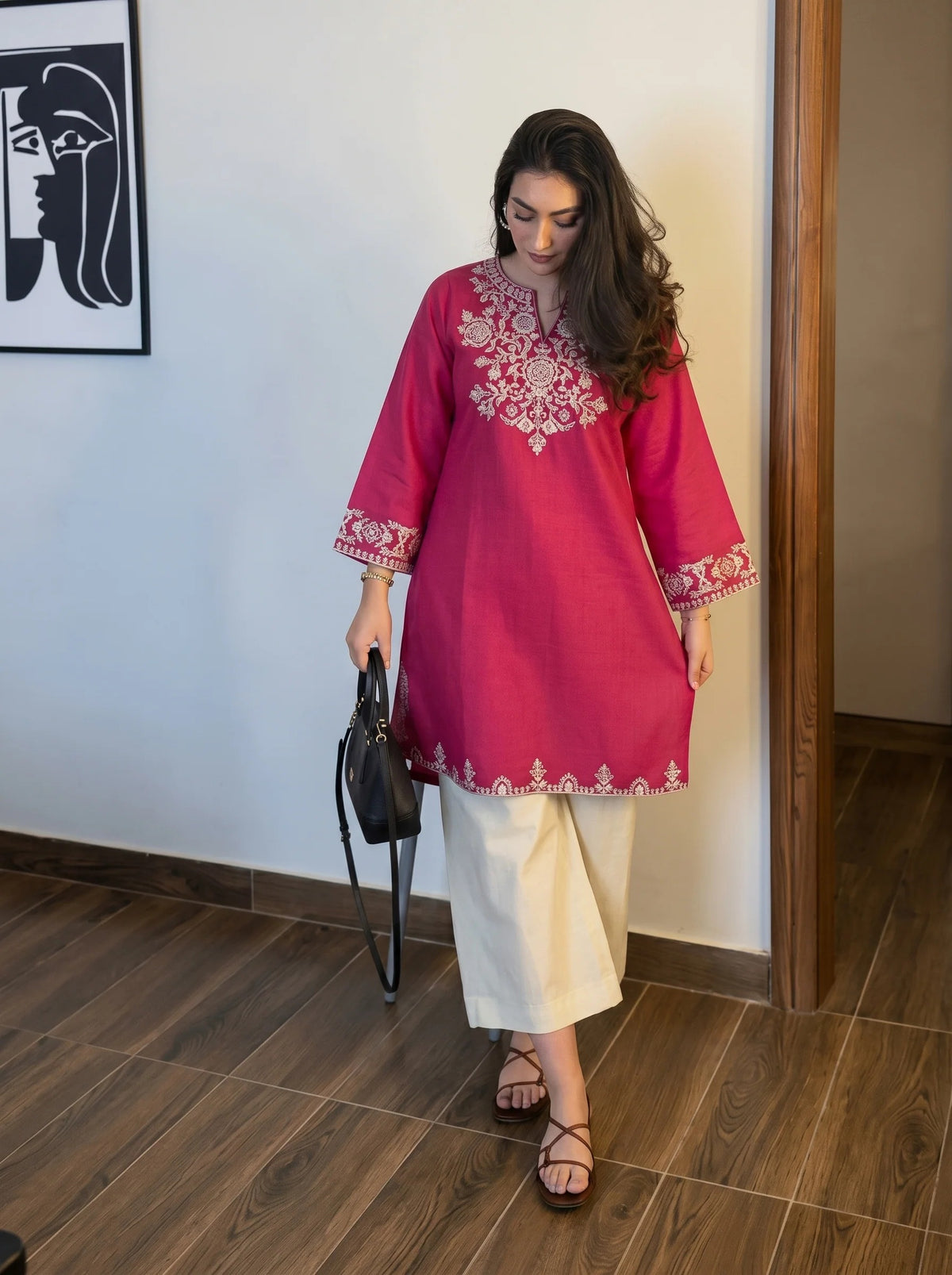 Elegant Pink Embroidered Kurti Set with Straight Pants