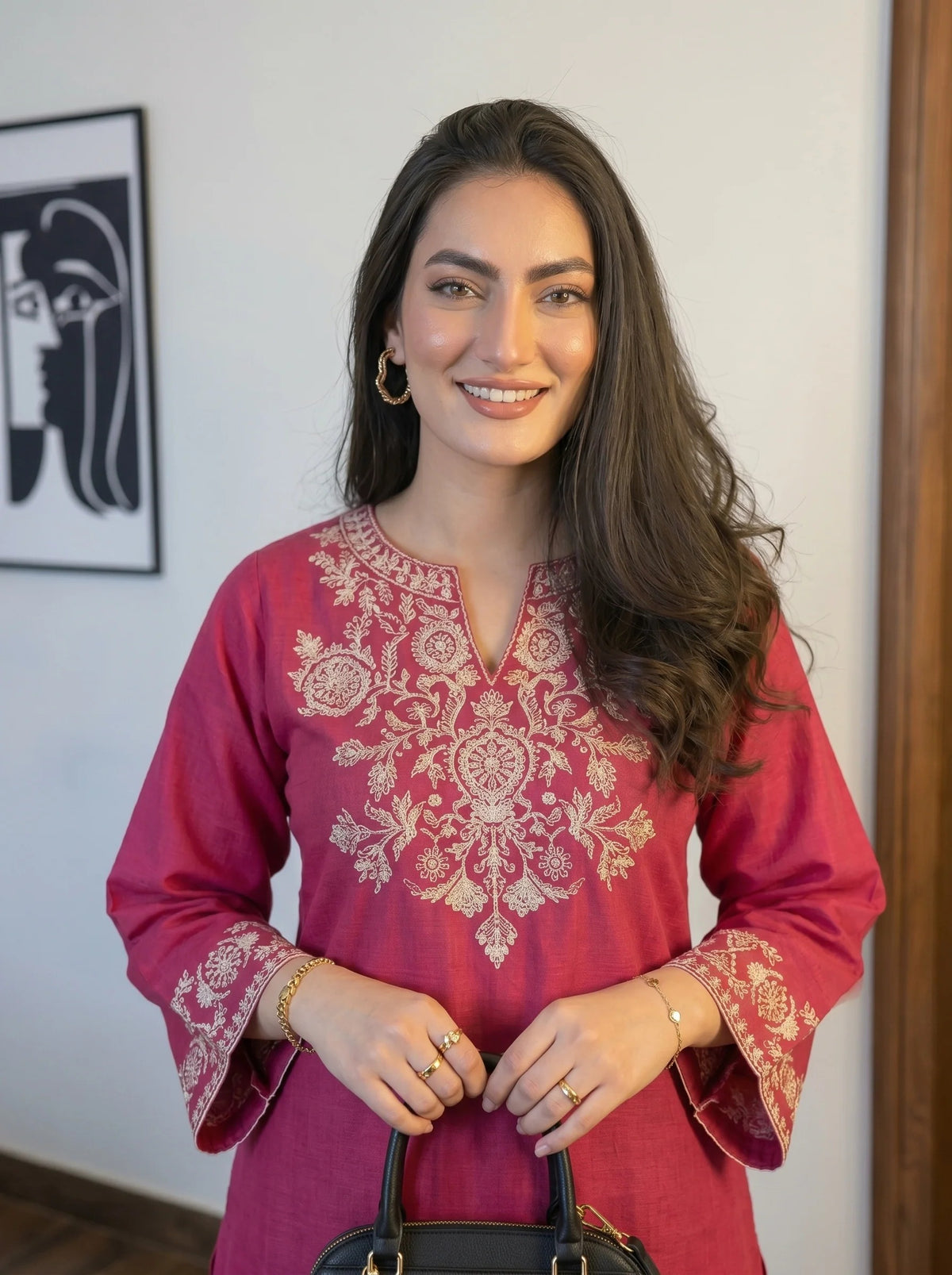 Elegant Pink Embroidered Kurti Set with Straight Pants