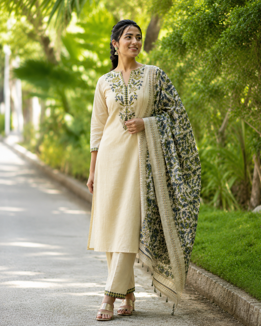 Ivory Botanical Embroidered Kurta Set with Printed Dupatta