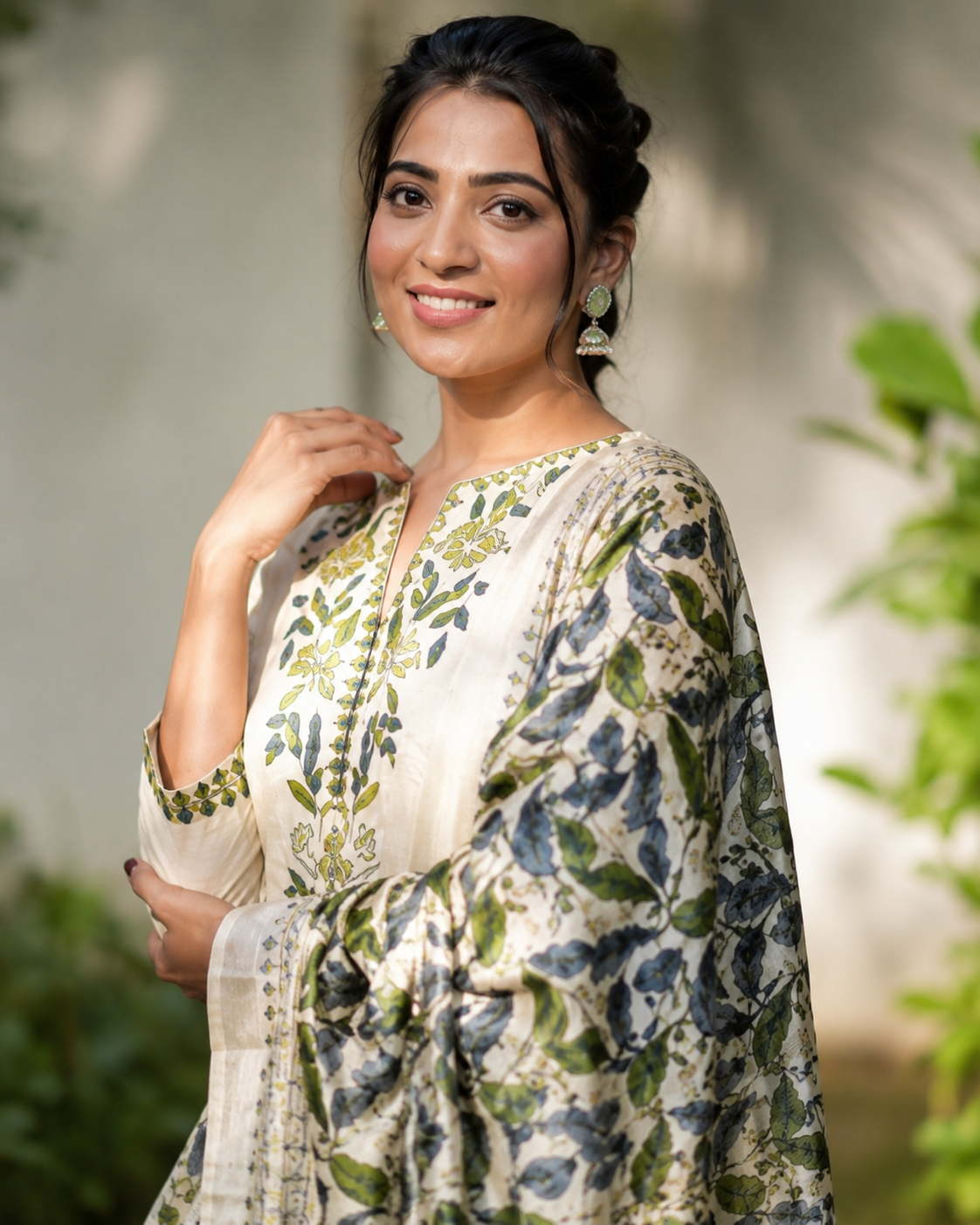 Ivory Botanical Embroidered Kurta Set with Printed Dupatta
