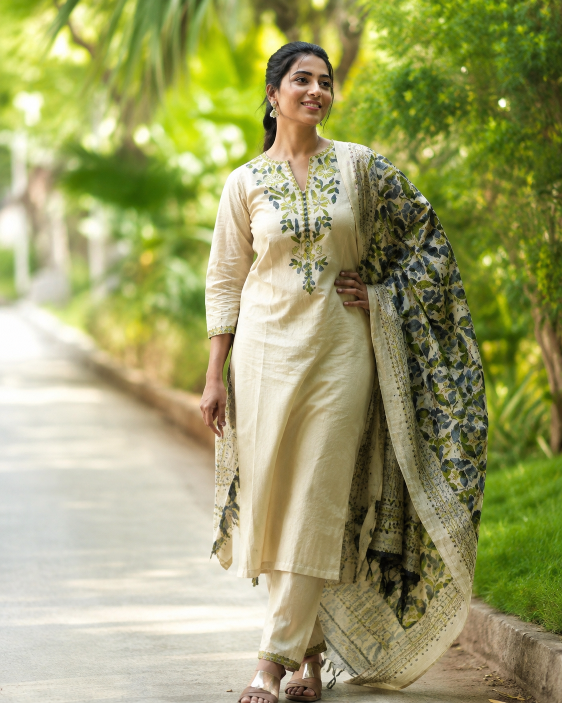 Ivory Botanical Embroidered Kurta Set with Printed Dupatta