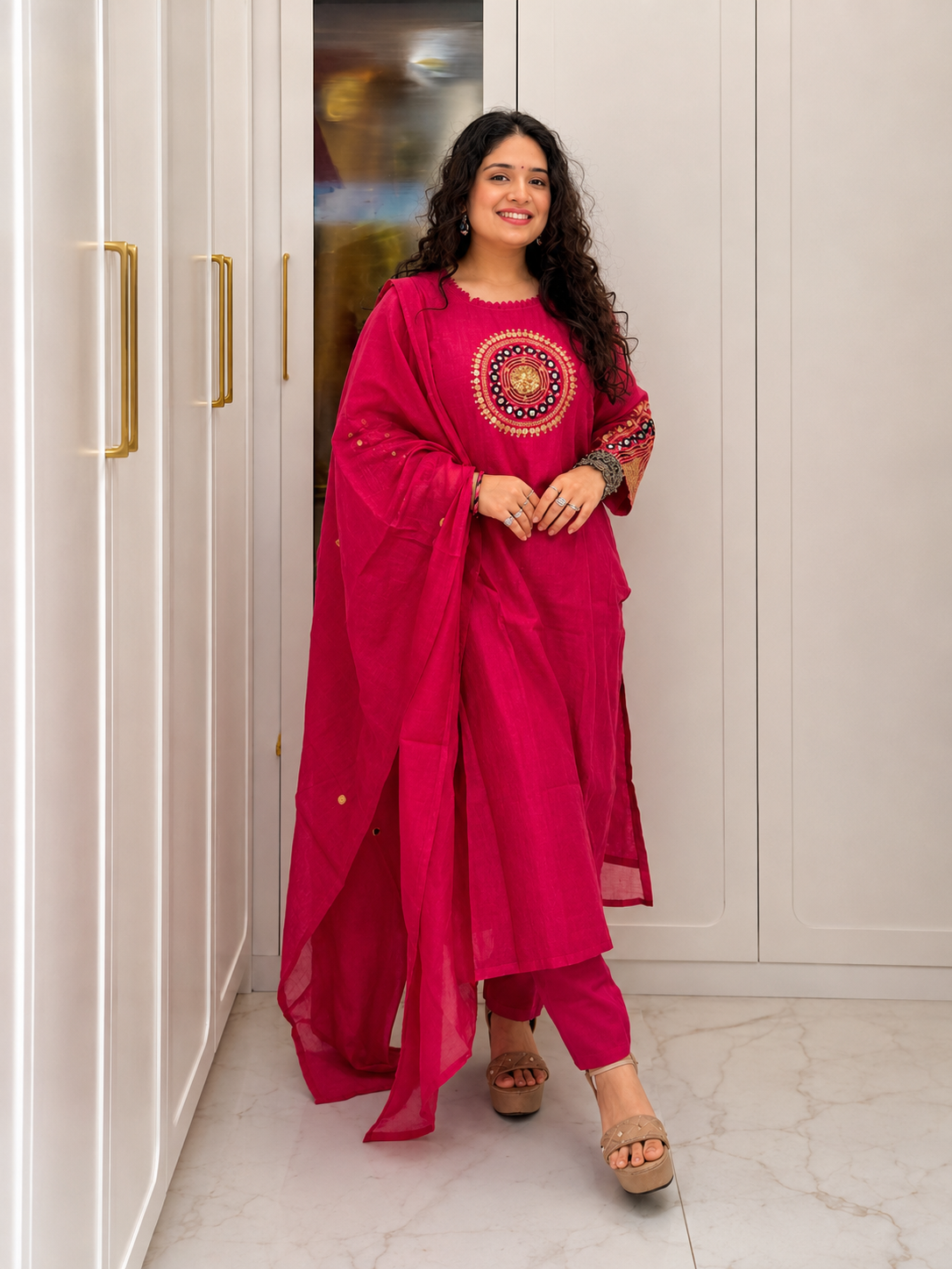 Rani Pink Mirror Work Embroidered Kurta Pant Dupatta Set